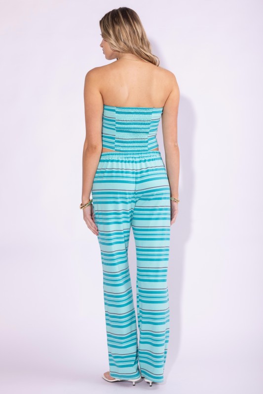 Cotton Striped Tube Top And Wide Leg Pants Set